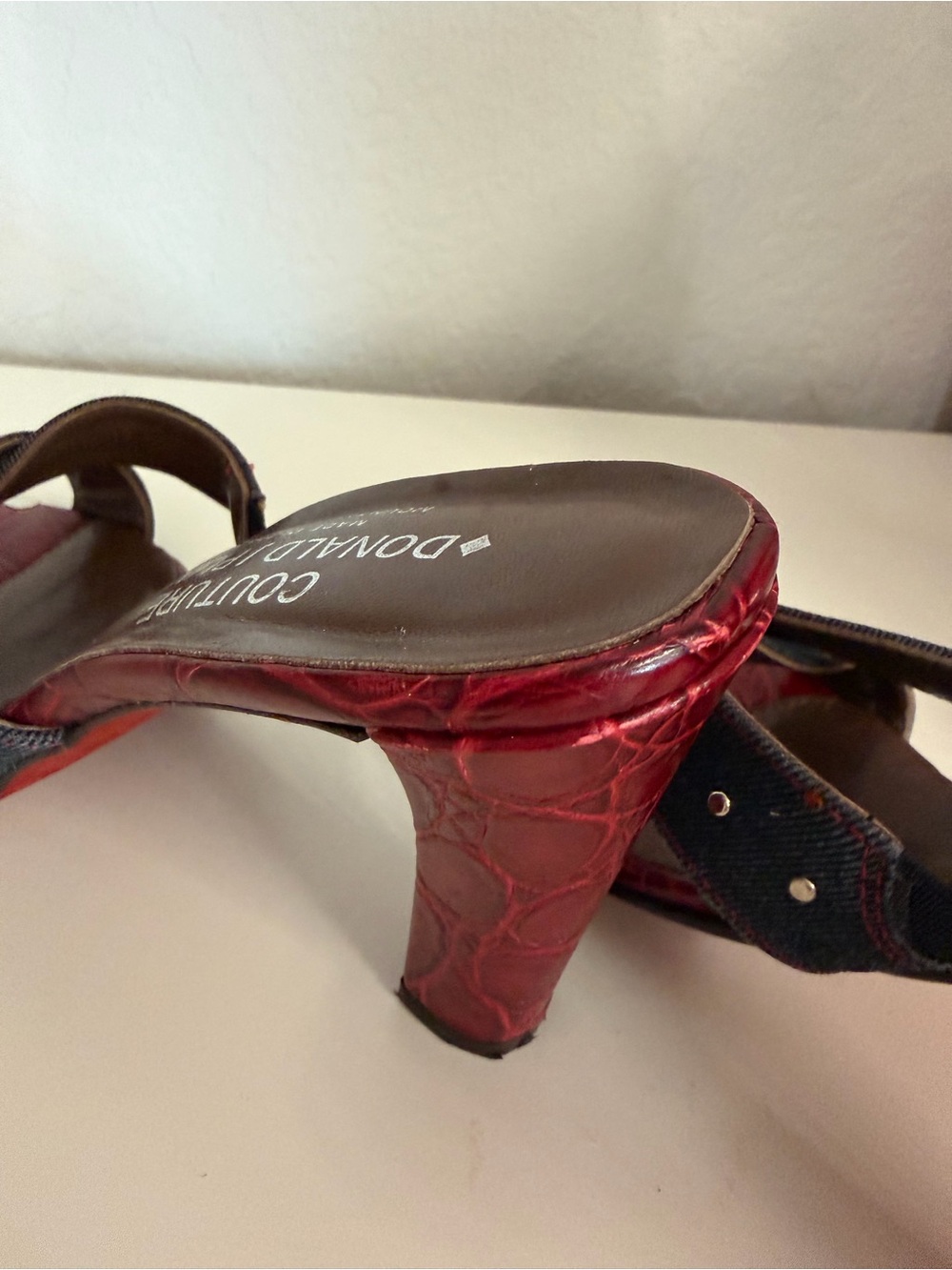 Donald J. Pliner | Red Croc-Embossed Denim Stud Mid-Heels - Picture 8 of 13
